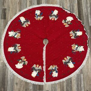 Handmade Quilted Christmas Tree Skirt Red With Lace Trim Angel Design 56" Round